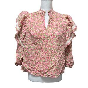 Who What Wear Pink Floral Ruffle Shoulder Eyelet Trim Blouse XS High Neck Top